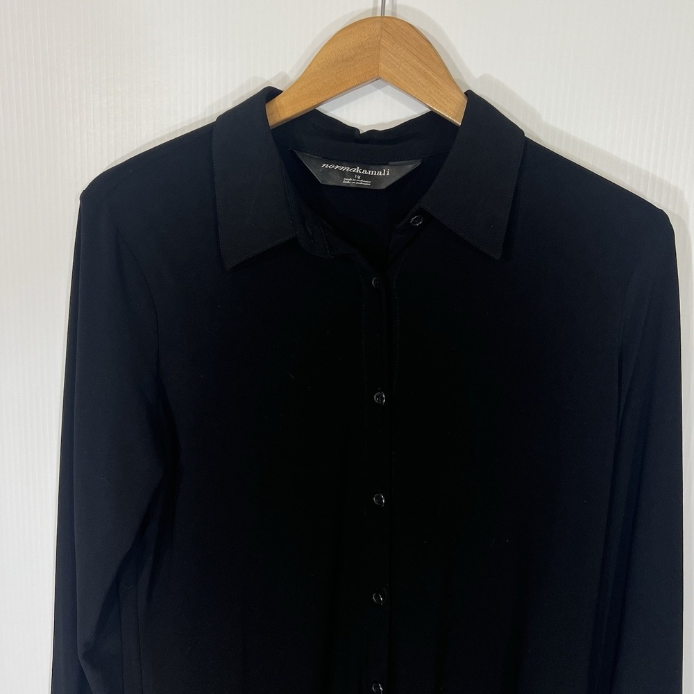 Norma Kamali Midi Knit Shirt Dress Black Long Sleeve Button Down Sz L Minimalist - Picture 3 of 11